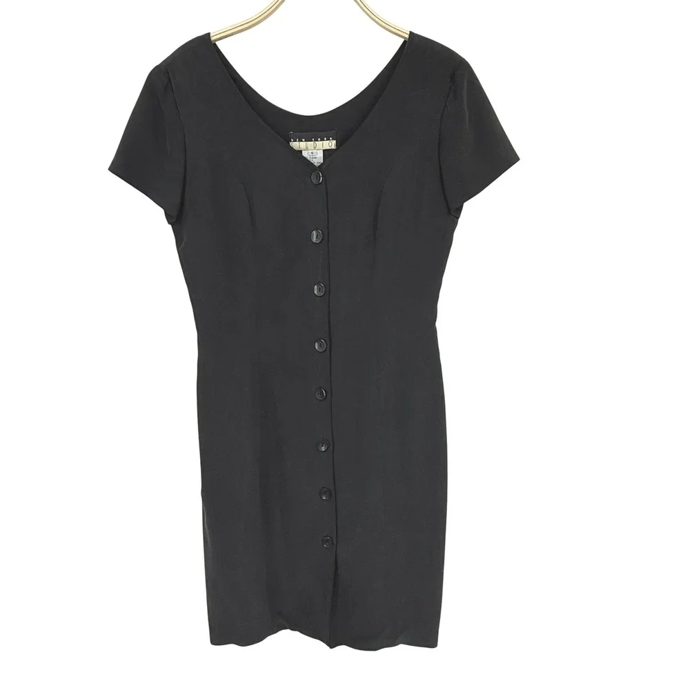 New York Studio Button Front Dress Womens 6 Black Good 100% Silk V-Neck Vintage - Picture 1 of 9